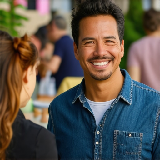 Business owner participating in a community event, smiling and interacting with locals