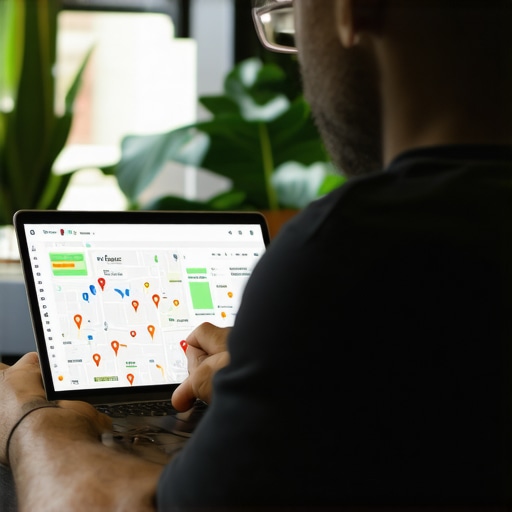 Business owner analyzing Google Maps data on laptop to improve local SEO