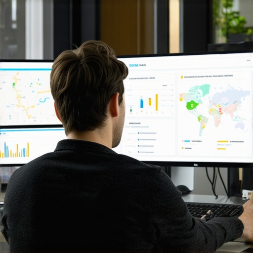 A professional analyzing SEO performance using multiple digital dashboards, including Google Maps and analytics tools.