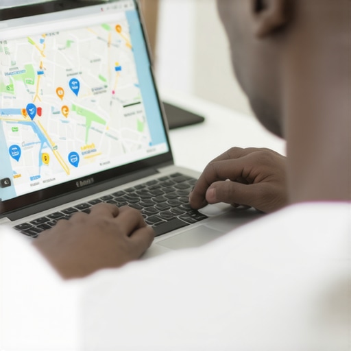 Person analyzing Google Maps ranking data on a laptop