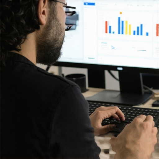 Business owner analyzing GMB performance dashboard with alerts in a modern office