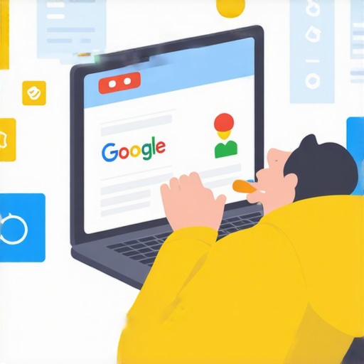 Person fixing Google My Business profile on laptop with SEO symbols