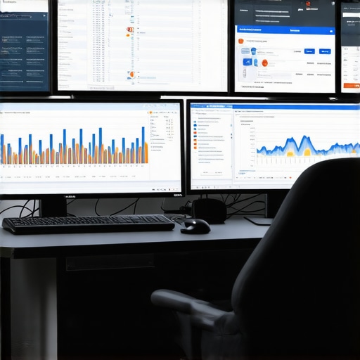 SEO workspace setup with analytics tools Professional SEO specialist analyzing GMB rankings on multiple screens.