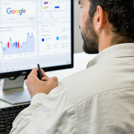 Digital marketer reviewing Google My Business analytics on a computer screen.