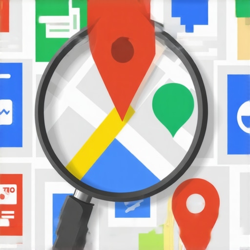 Magnifying glass examining a Google Maps profile with SEO symbols.
