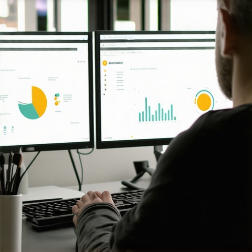 Person analyzing local SEO data on laptop and monitor for GMB maintenance