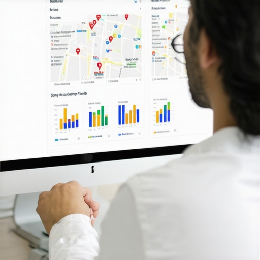 Person analyzing local business profile data and map accuracy on a computer.