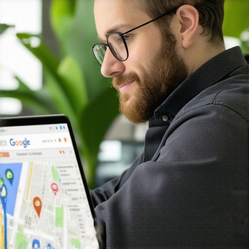 Business owner analyzing Google Maps profile and rankings on a laptop.
