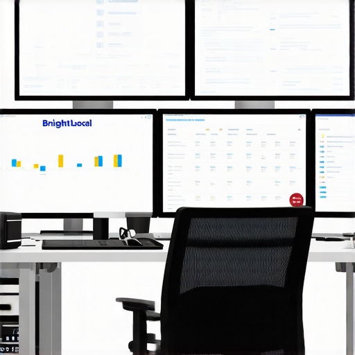 Workspace with screens showing citation tracking and SEO analytics tools used for GMB maintenance.