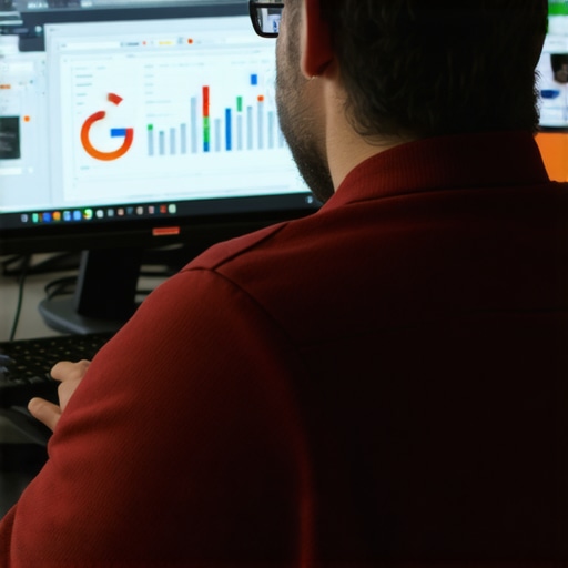 Business owner updating Google profile on laptop with analytics charts